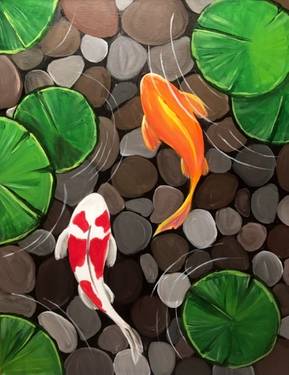 Katsuya Paint Nite themed painting of swimming Kois.