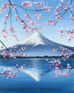 Katsuya paint night painting of Mt Fuji reflecting in water with a border of cherry blossoms.