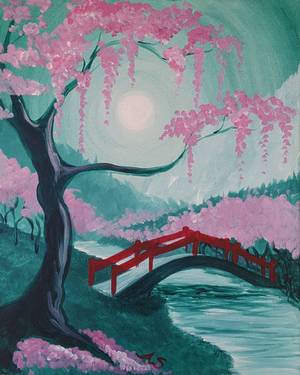 Katsuya paint night painting featuring an idyllic scene of a stream, with a arch bridge and a cherry blossom tree.