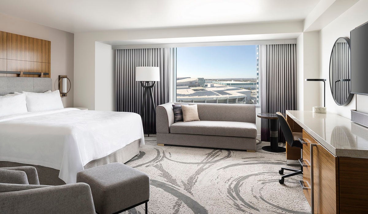 A hotel room bed at the JW Marriott at L.A. LIVE.