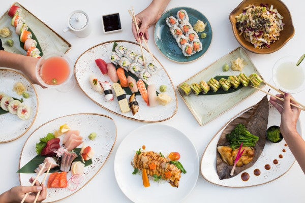 A table of sushi at Katsuya.