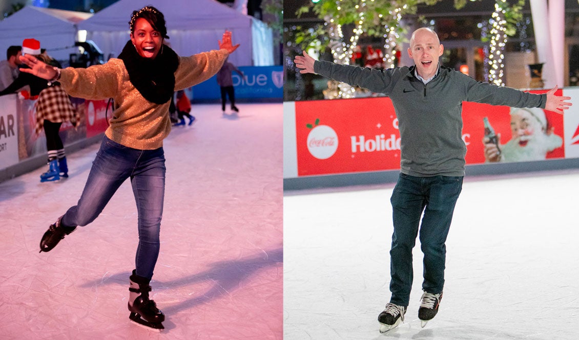 A female and male skaters hold their arms out as they skate on the LA Kings Holiday Ice.