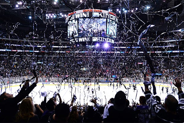 Fans celebrate as the Kings win a championship.